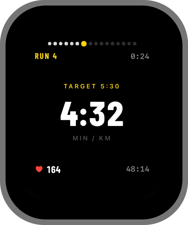 RoxDay Coach Mode on Apple Watch, showing live pace and heart rate.