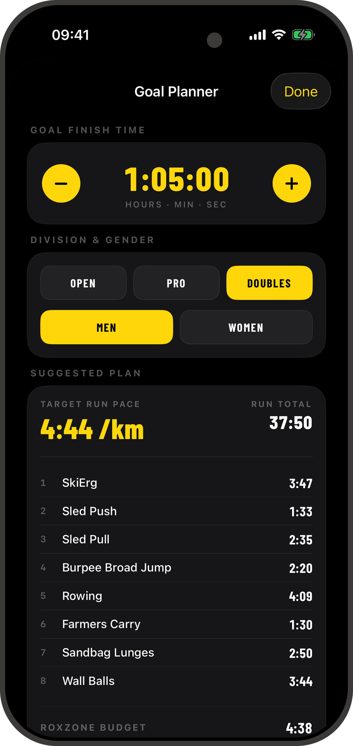 RoxDay Pro goal-time planner and target splits on iPhone.